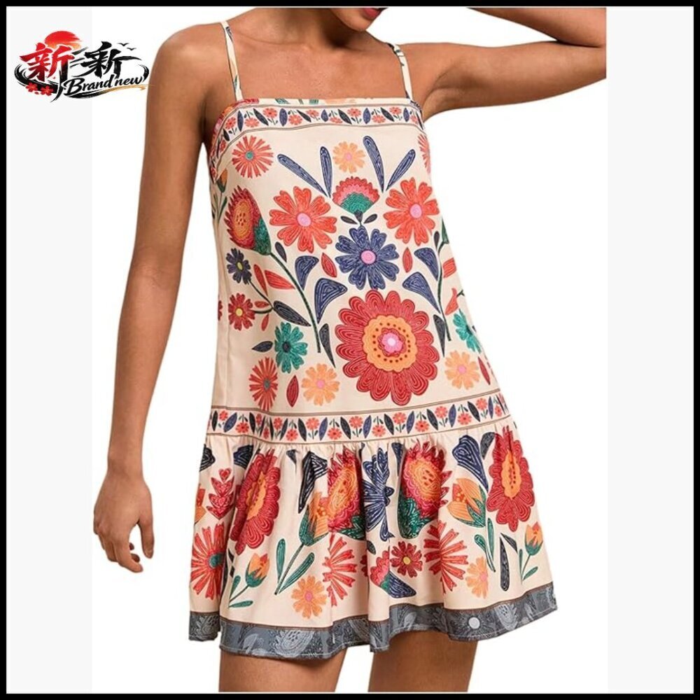 Floral Boho Mini Dress Polyester Blend Spaghetti Strap Casual